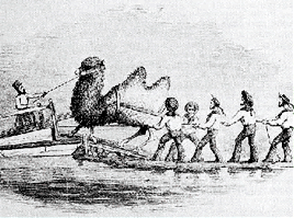 A drawing of a camel being offloaded to Soldiers on shore.