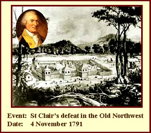 Drawing of Fort Hamilton with portrait of St. Clair in top left.