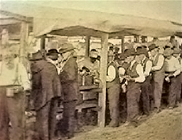 Veterans getting served at an outdoor food line.